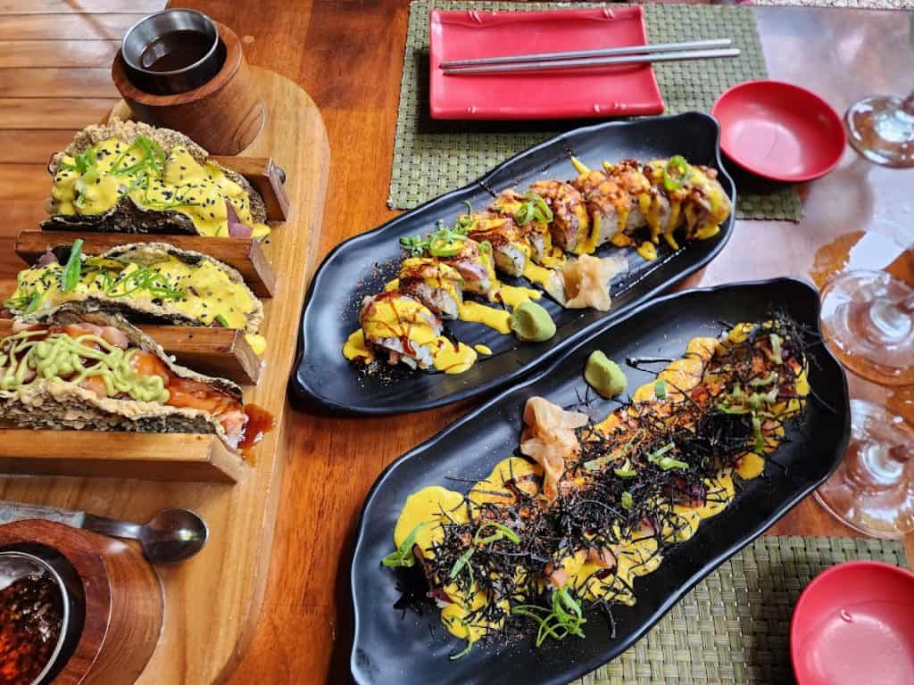 Delicious sushi rolls with vibrant toppings in Tamarindo, Costa Rica. Perfect for sushi lovers exploring Tamarindo's culinary scene.