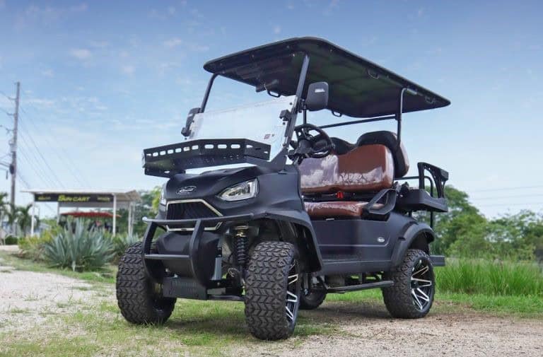 Golf cart with roof in Tamarindo, Costa Rica for eco-friendly tours and transportation.