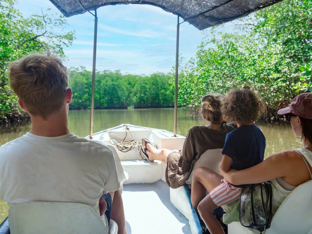 Family on a covered boat tour through the mangroves