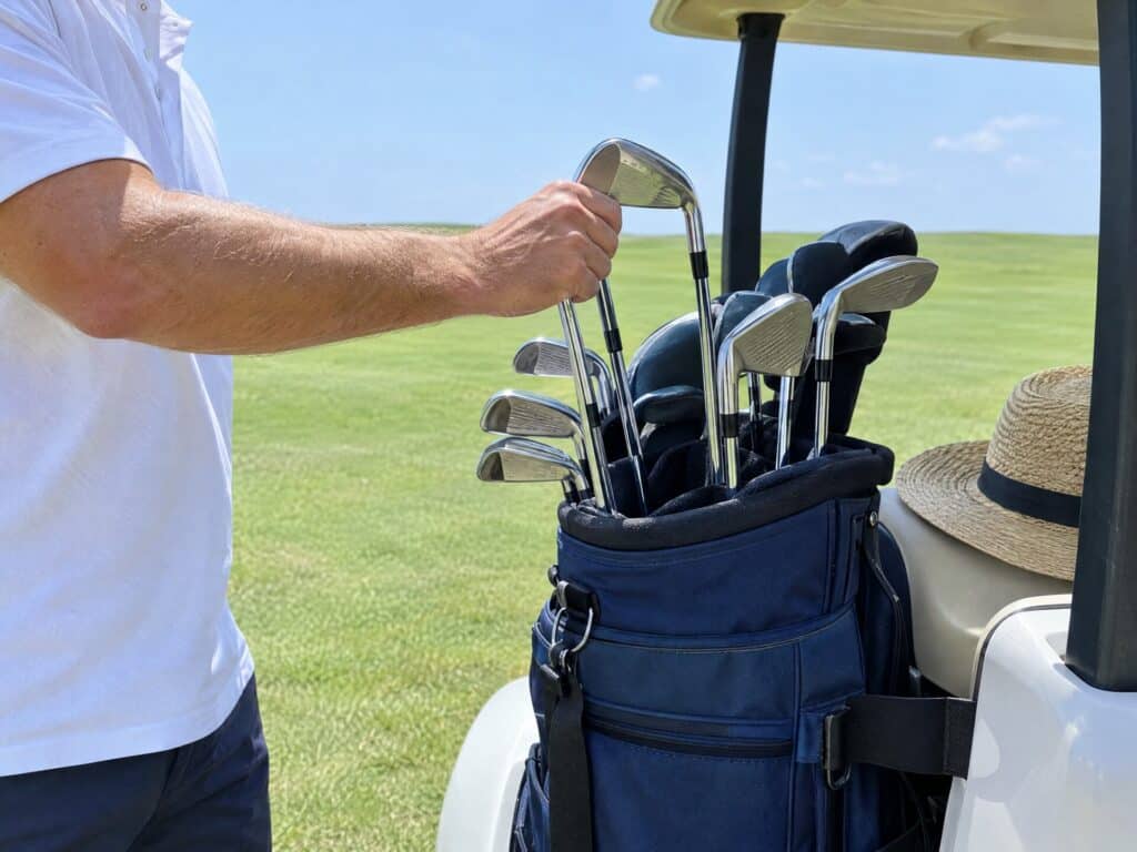 Golfer pulling an iron from a golf bag on a cart
