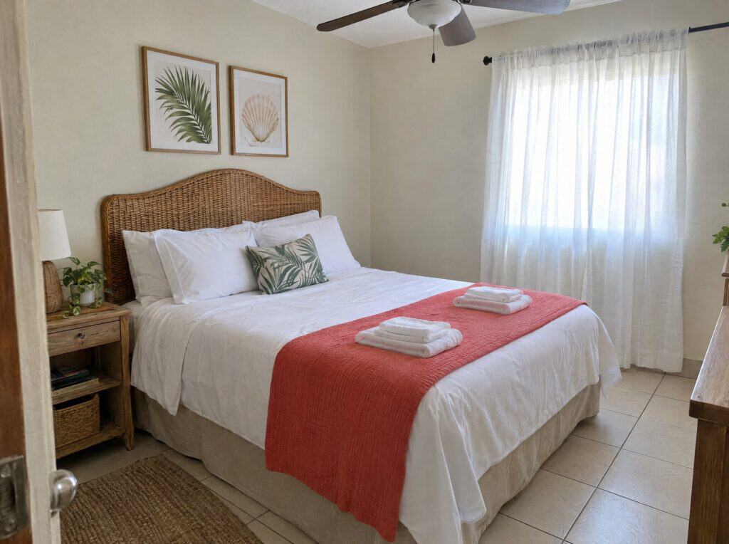 Simple hotel guest room with a double bed, towels and palm and shell prints on the wall