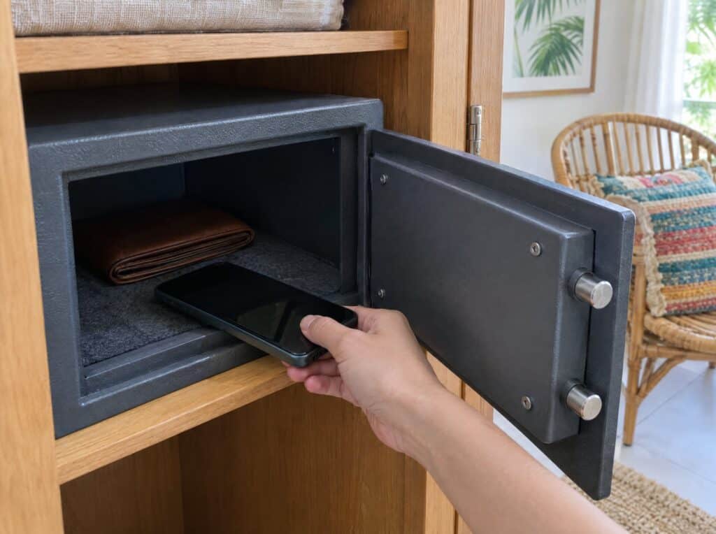 Hand putting a phone into an in-room safe next to a wallet