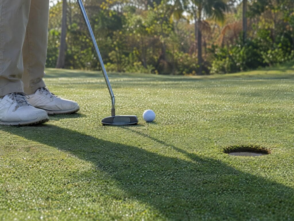 Putter and golf ball on the green next to the hole